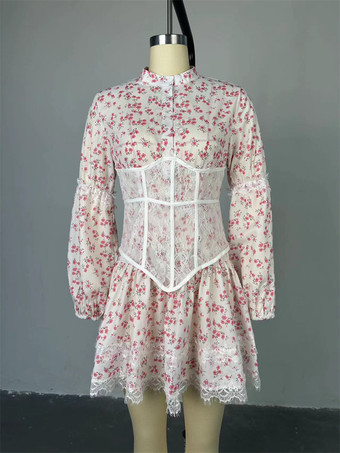 花柄ドレス ミニドレス ドレス 花柄 レース 装飾襟 長袖 シック 秋 ショート