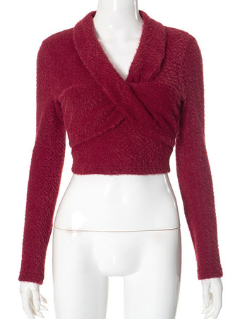 レディース プルオーバー レッド フェイクファー Vネック 長袖 フェイクファー セーター