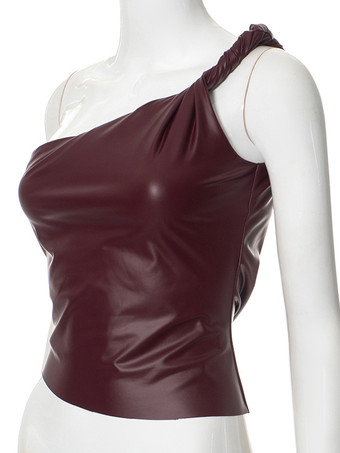 バーガンディ キャミトップ ワンショルダー PUレザー セクシー レディース キャミソール