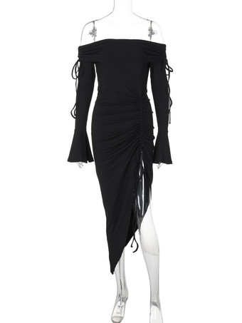 クラブドレス レディース バトーネック シック レースアップ 長袖 ポリエステル アシンメトリー ブラック セクシー ドレス