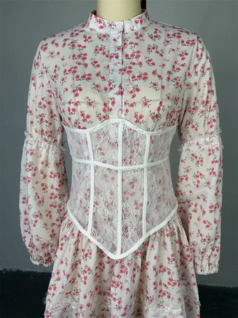 花柄ドレス ミニドレス ドレス 花柄 レース 装飾襟 長袖 シック 秋 ショート