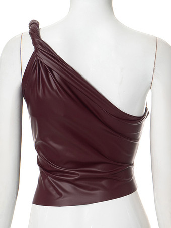 バーガンディ キャミトップ ワンショルダー PUレザー セクシー レディース キャミソール