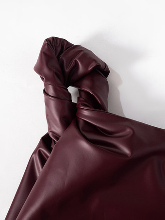 バーガンディ キャミトップ ワンショルダー PUレザー セクシー レディース キャミソール