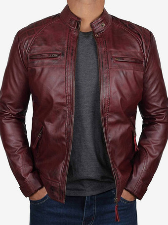 バーガンディーメンズ レザージャケット カジュアル ウィンドブレーカー 秋 ブラック クール ビンテージ モーターサイクル コート