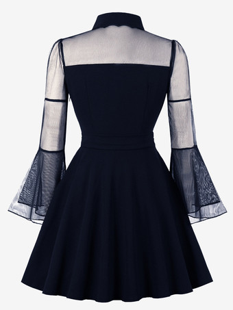 ヴィンテージドレス 1950年代 オードリー ヘップバーン スタイル ダークネイビー 透け感 長袖 ターンダウンカラー ショート ロカビリー ドレス