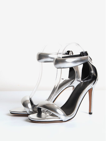 シルバー ゴールドハイヒールレディースオープントゥメタリックアンクルストラッププロムサンダル