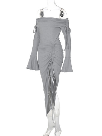 クラブドレス レディース バトーネック シック レースアップ 長袖 ポリエステル アシンメトリー ブラック セクシー ドレス