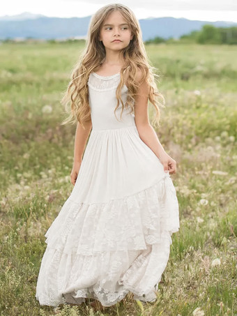 アイボリー ウェディング フラワーガールドレス 特別な日のドレス エクリュ ホワイト ノースリーブ ティアード