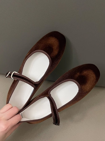 ディープブラウンベルベット バレエ フラット ラウンド トゥ メリージェーン バレリーナ フラット レディース