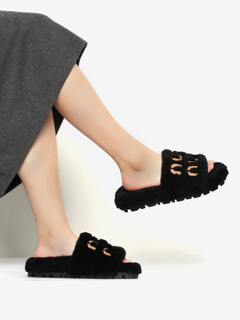 レディース ニットウール 冬用スライド フラット オープントゥ スライド