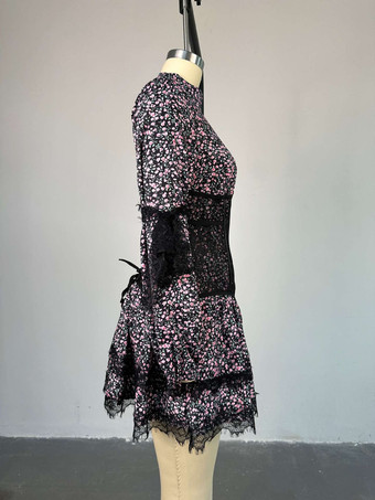 花柄ドレス ミニドレス ドレス 花柄 レース 装飾襟 長袖 シック 秋 ショート