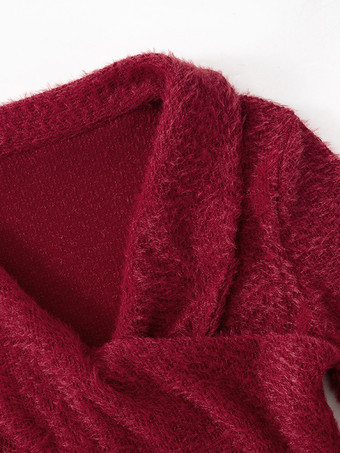 レディース プルオーバー レッド フェイクファー Vネック 長袖 フェイクファー セーター