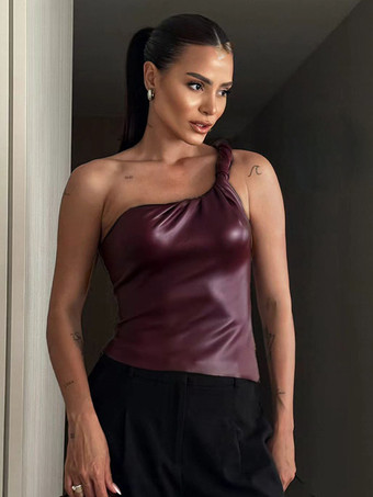 ワインレッド バーガンディ キャミトップ ワンショルダー PUレザー セクシー レディース キャミソール