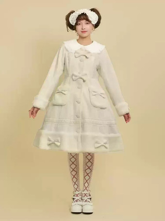 アイボリー ロココ風ロリータコート ピンクコート リボン フリル オーバーコート ポリエステル 冬用ロリータアウター