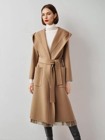 ウール カシミア ブレンド ラップ コート フード付き ダブルフェイス キャメル ベルト付き 冬アウター レディース 2025