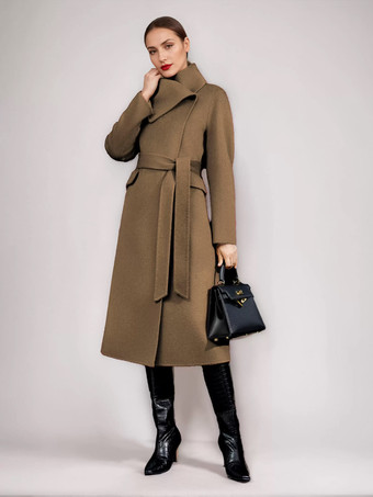 ブラウン ウール カシミア ブレンド コート レディース 冬用 レッド ベルト付き ダブルフェイス ラップ アウターウェア 2025