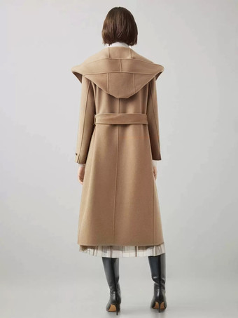 ウール カシミア ブレンド ラップ コート フード付き ダブルフェイス キャメル ベルト付き 冬アウター レディース 2025