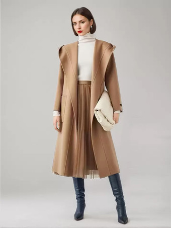 ウール カシミア ブレンド ラップ コート フード付き ダブルフェイス キャメル ベルト付き 冬アウター レディース 2025
