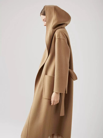 ウール カシミア ブレンド ラップ コート フード付き ダブルフェイス キャメル ベルト付き 冬アウター レディース 2025