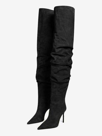 ブラック レディース オーバーザニーブーツ ポインテッドトゥ スティレットヒール スエード スラウチ サイハイブーツ