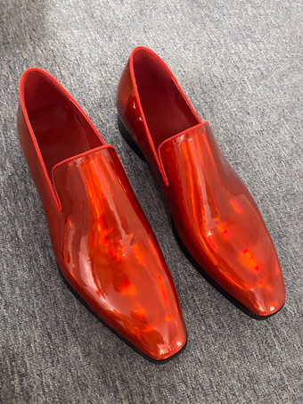 メンズ スリッポン ローファー プロム パーティー ウェディングシューズ スクエアトゥ レッド シャイニーレザー オックスフォード