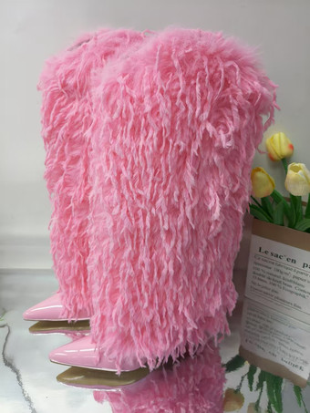 ブラックフェイクフェザーニーハイブーツレディースポインテッドトゥハイヒールブーツ