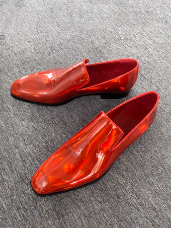 メンズ スリッポン ローファー プロム パーティー ウェディングシューズ スクエアトゥ レッド シャイニーレザー オックスフォード