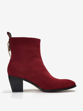 メンズ アンクル ドレス チェルシーブーツ バーガンディ マイクロスエードアッパー ポインテッドトゥ サイドジッパー開閉 プロムブーツ