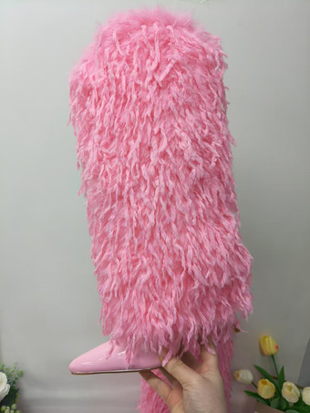 ピンクブラックフェイクフェザーニーハイブーツレディースポインテッドトゥハイヒールブーツ