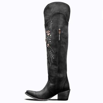 ブラック レディース オーバーニー ウエスタンブーツ コーヒーブラウン 刺繍入り ポインテッドトゥ レースアップ サイハイブーツ