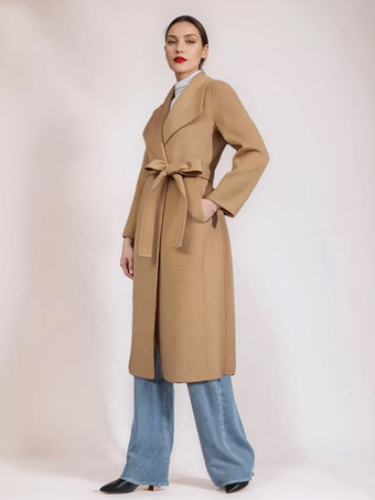 ウール カシミア ブレンド コート ベルト付き キャメル ワイドラペル 冬 ダブルフェイス アウターウェア レディース 2025
