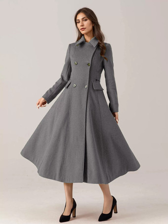 グレイ女性用フレアウールブレンドコート レッド ターンダウンカラー ダブルブレスト エレガント 2025 冬アウター