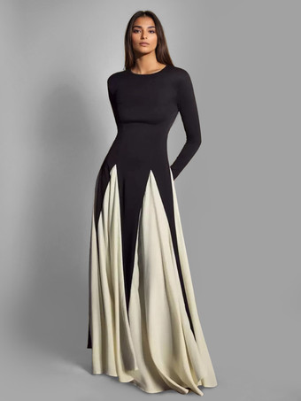 ブラック パーティードレス ブラック ジュエルネック 長袖 ツートン セミフォーマルドレス