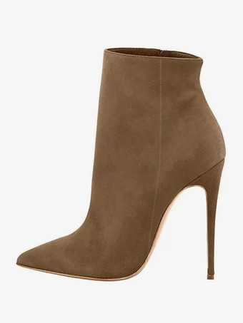 ブラウンレディース スエード アンクルブーツ ブラウン ポインテッドトゥ ハイヒール ブーティ