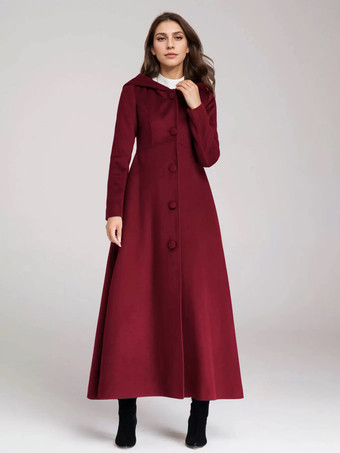 ワインレッド ウール混紡コート フード付き ダークネイビー Aライン フレア マキシ アウター レディース 2025