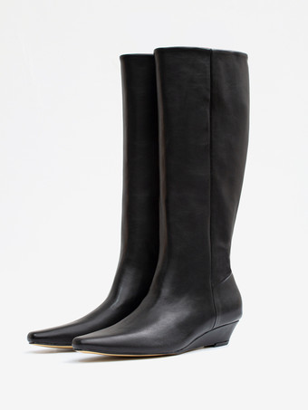 Bottes noires hautes au genou bottes à talons compensés à bout carré pour femmes