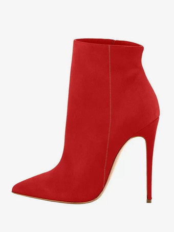 レッド レディース スエード アンクルブーツ ブラウン ポインテッドトゥ ハイヒール ブーティ