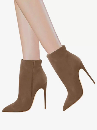 レディース スエード アンクルブーツ ブラウン ポインテッドトゥ ハイヒール ブーティ