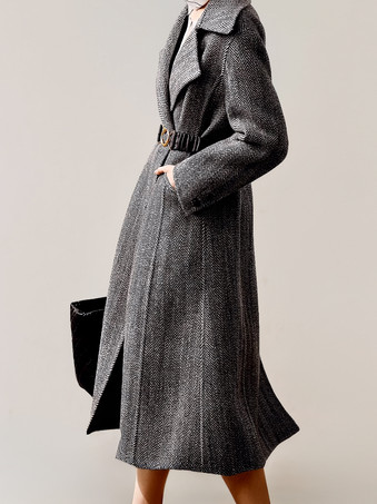 女性用ウール 英国風 オーバーコート ベルト付き ラージラペル ヘリンボーン柄 ラップコート 2025