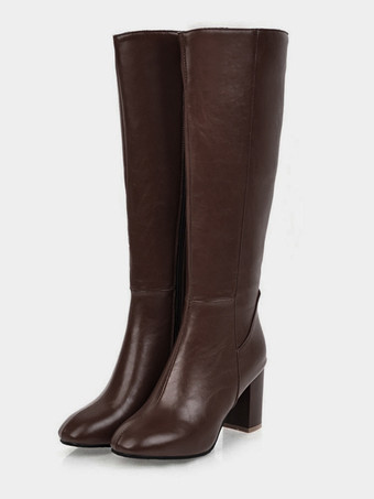 ブラウン 女性ニーハイブーツラウンドトゥブロックヒール乗馬ブーツ