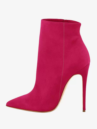 ローズレッドレディース スエード アンクルブーツ ブラウン ポインテッドトゥ ハイヒール ブーティ