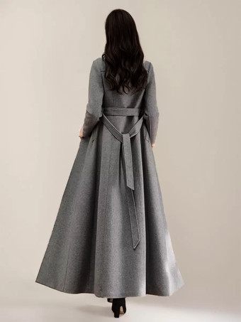 グレー ウール ブレンド コート レディース ラペル ベルト付き ダブルブレスト シック フルレングス ラップ アウターウェア 2025