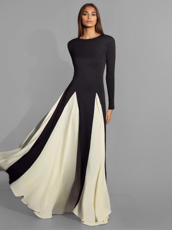 パーティードレス ブラック ジュエルネック 長袖 ツートン セミフォーマルドレス