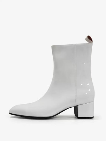 ホワイト メンズブーツ パテントレザー チャンキーヒール パーティーブーツ ブラック ジッパー ショートブーツ