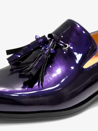   メンズタッセルローファー、ペニーシューズ、スリッポン、パテントレザー、スクエアトゥ、プロム、パーティー、ウェディングシューズ