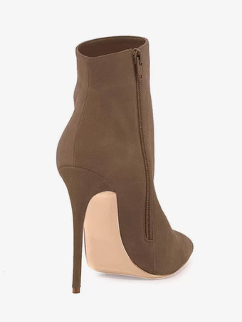 レディース スエード アンクルブーツ ブラウン ポインテッドトゥ ハイヒール ブーティ