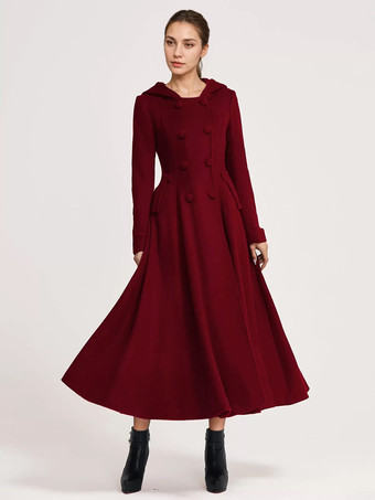 ワインレッド ウール フレアコート フード付き ダークネイビー ダブルブレスト エレガント Aライン 冬 ロングアウター レディース 2025
