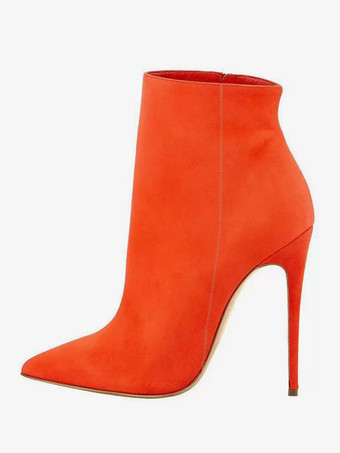 オレンジレディース スエード アンクルブーツ ブラウン ポインテッドトゥ ハイヒール ブーティ