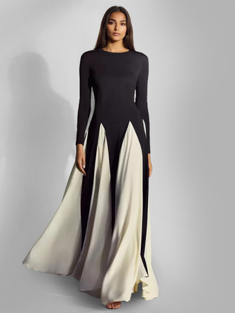 パーティードレス ブラック ジュエルネック 長袖 ツートン セミフォーマルドレス