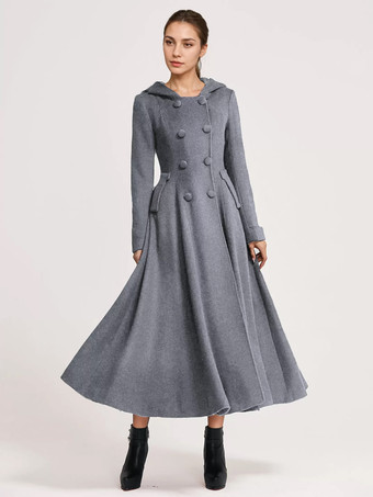 グレイウール フレアコート フード付き ダークネイビー ダブルブレスト エレガント Aライン 冬 ロングアウター レディース 2025